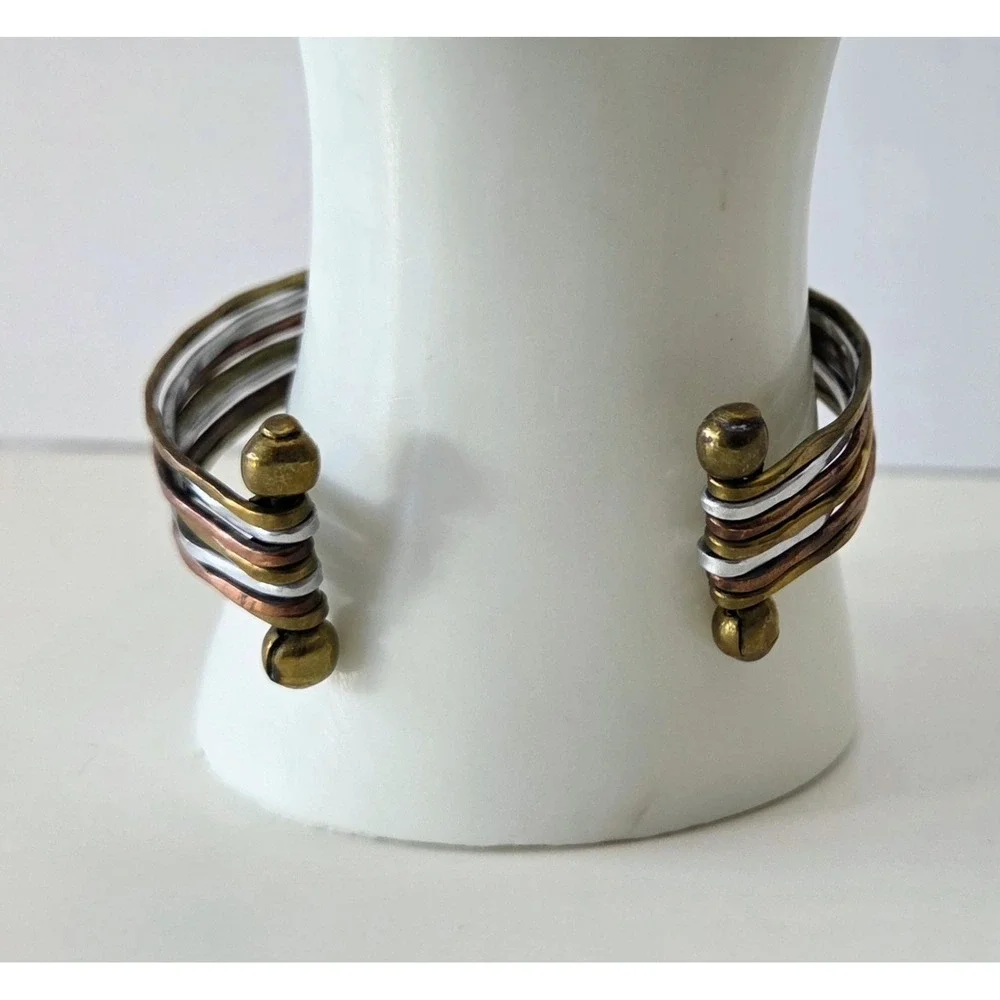 Tri Color 7 Band‎ Hammered Metal Cuff Bracelet Brass Silver Copper Tones Unisex